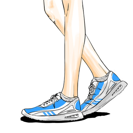 Illustration with slender woman legs in running shoes. Jogging shoes drawing in comics style. Vector color type image with contour black lineのイラスト素材