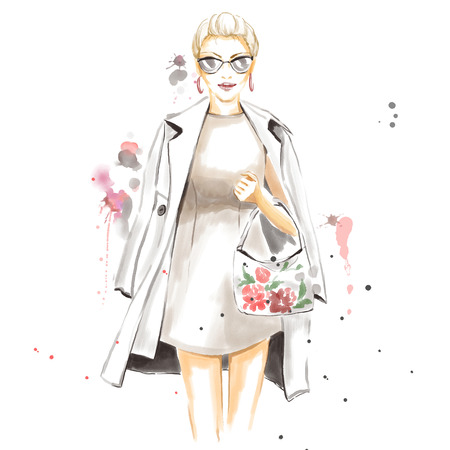 Fashion watercolor illustration with gorgeous girl. Watercolour hand painting in pastel colors. Autumn beautiful look.
の写真素材