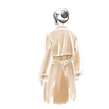 Fashion illustration with woman in autumn coat. Girl wearing brown raincoat. Freehand painting card.の写真素材