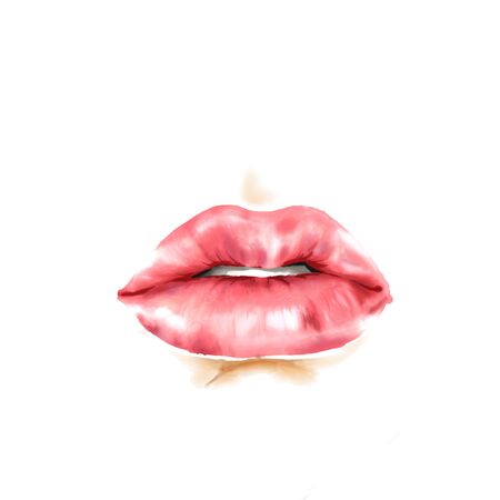 Big sensual open lips on white background. Isolated image. Fashion watercolor illustration. Freehand drawing painting.の写真素材