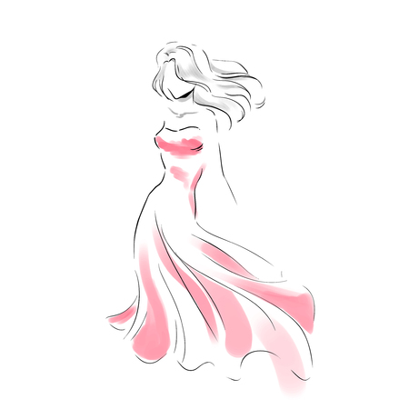 Line silhouette of young slender woman in long beautiful evening dress with clutch. Fashion hand drawing illustration in two colors: grey and red. Sketch style/ Vector outline picture.のイラスト素材