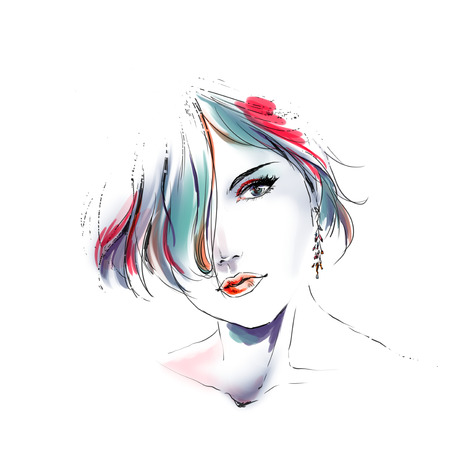 Watercolor portrait of fashion glamour woman. Young pretty girl with bright color background. Sketch, scribble typeの写真素材