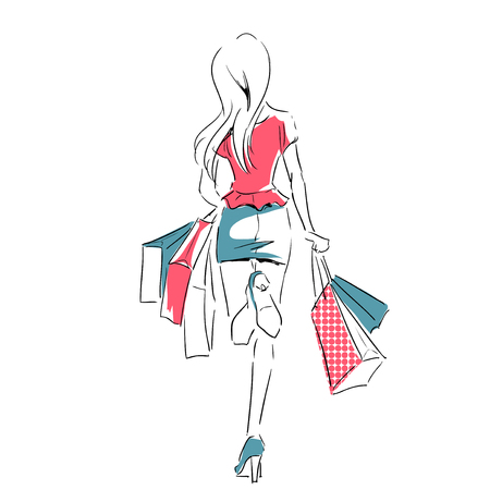 Outline of young girl in full length with shopping bags. Fashion color  illustration. Sketch, hand drawing.のイラスト素材