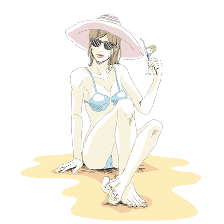 Young elegant girl in bikini, hat and sunglasses sits on sand beach, relax, and drinks cocktail. Vector hand drawing vector in pastel palette color. Isolated white background.のイラスト素材