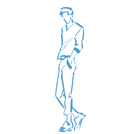Contour silhouette of handsome fashionable man at full length. Standing person in casual fashion clothes. 
Vector hand drawing logo.のイラスト素材