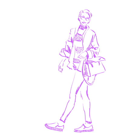 Vector sketch of fashionable young woman. Fashion model in glasses. Scribble.のイラスト素材