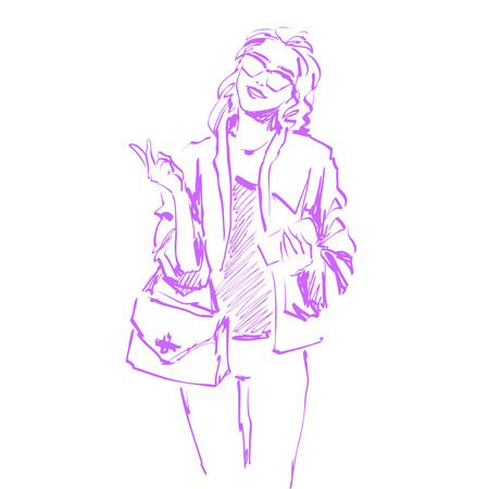 Vector sketch of fashionable young woman. Fashion model in glasses. Scribble.のイラスト素材