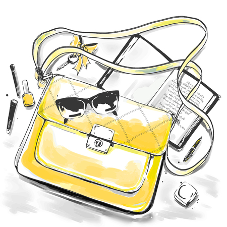 Women items and accessories. Graphic of yellow clutch, lipstick, key, diary, sunglasses, cosmetics. Fashionable female objects.Poster. Comics style. Vector fashion illustration. Freehand drawingのイラスト素材