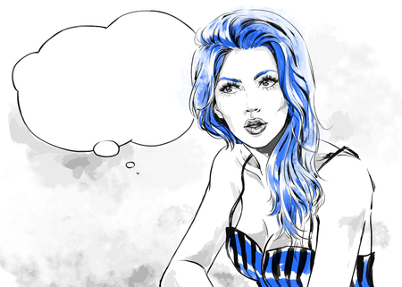 Female portrait with speech bubble vector, fashion illustration. Young attractive woman's portrait thinking and  dreaming shopping.Color vector prints, trendy design texture,  free hand art, beauty.のイラスト素材