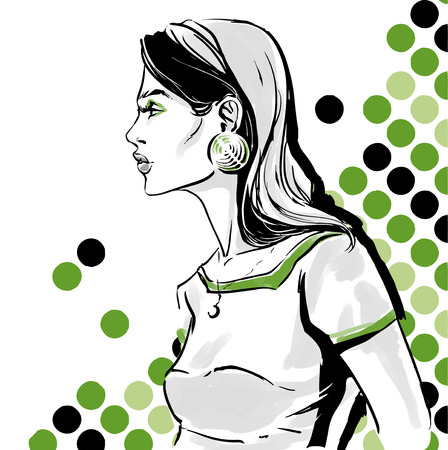 Vector fashion illustration of girl. Profile of beautiful woman with big eyelashes and sensual lips. Background with circles. Hand drawing art.のイラスト素材