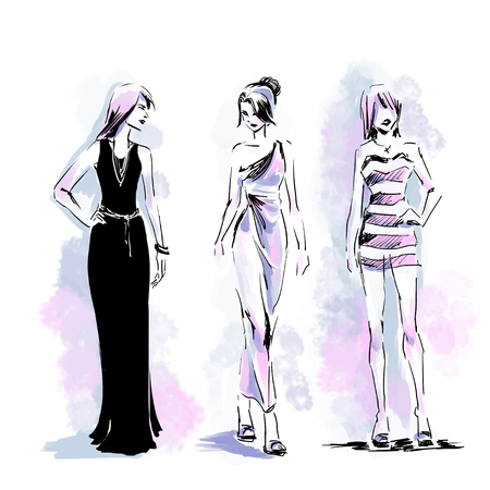 Three silhouette of fashionable models standing on catwalk. Fashion free hand illustration. Vector watercolor drawingのイラスト素材