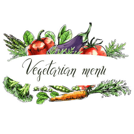 Vector graphic illustration with vegetables: carrot, corn,broccoli, onion. Signboard for farmer market. Freehand drawing with the theme vegetarian food, healthy food.のイラスト素材