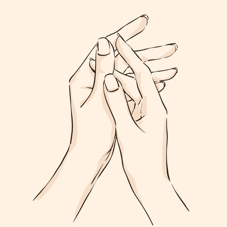 Women hands using moisturizing cream. Freehand drawing with black lines and light shadows. Vector color image. Fit as symbolic icon of spa treatment or taking care of yourself.のイラスト素材