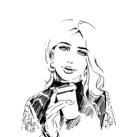 Fashion illustration of young elegant beautiful girl holding cup coffee Portrait of adult woman. Black and white sketch drawing on white background perfectly fits for coffee shop, bar interiorの写真素材