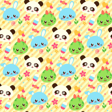 Pattern with cute funny animals in japanese style. Good for wrapper and textile, child goods. Vector seamless pattern.のイラスト素材