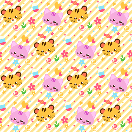 Pattern with cute funny animals in japanese style. Good for wrapper and textile, child goods. Vector seamless pattern.のイラスト素材