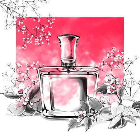 Hand drawn  sketch,french perfume. Freehand drawing,white background.Fashion illustration.Glass bottle of floral aroma and natural flowers. Perfect for invitation,greeting card,poster, art printの写真素材