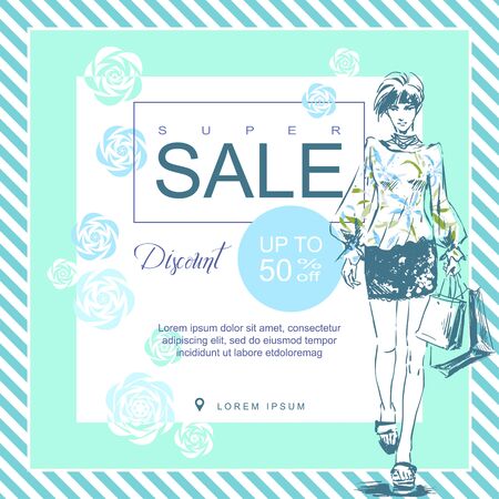 Layout for a big sale in fashion shop. Drawn fashion elegant girl in stylish clothes. color booklet. Square brochureのイラスト素材