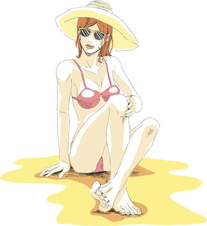 Young elegant girl in bikini, hat and sunglasses sits on sand beach and relax. Vector hand drawing  in pastel palette color. Isolated white background.のイラスト素材