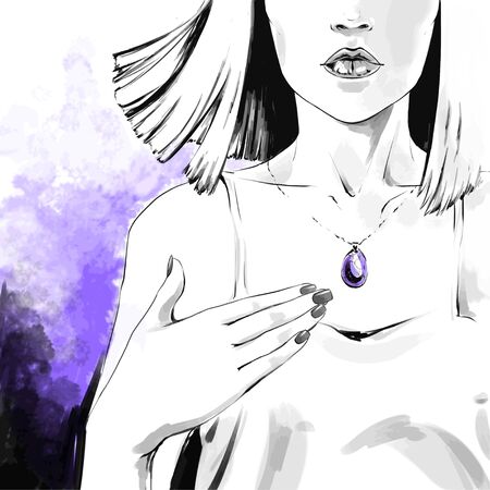 Beautiful young woman with  stylish haircut and shiny pendant. Lovely woman portrait. Sketch. illustration with black contour, isolated on white.のイラスト素材