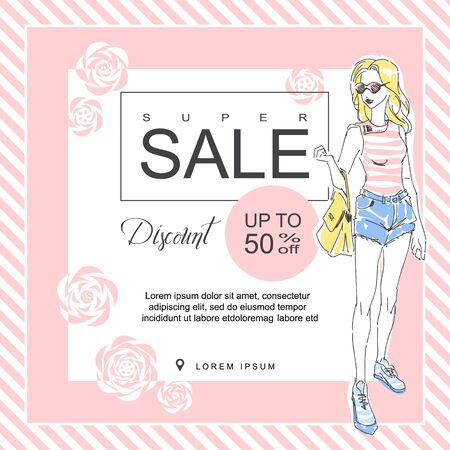 Layout for a big sale in fashion shop. Drawn fashion elegant girl in stylish clothes. Vector color booklet. Square brochureのイラスト素材