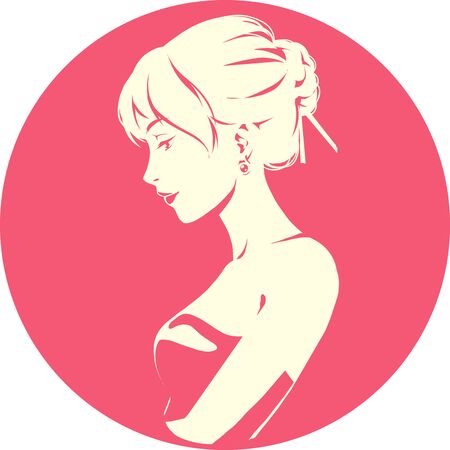 Fashion logo with head of young elegant girl, female pretty face in profile. Simple sign. Vector emblem for hairdresser, spa salon, beuty shop for woman. Red colorのイラスト素材
