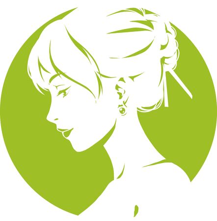Fashion logo with head of young elegant girl, female pretty face in profile. Simple sign. Vector emblem for hairdresser, spa salon, beuty shop for woman. Green colorのイラスト素材