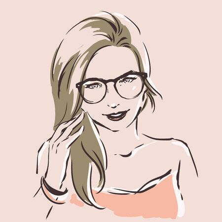 Fashion female portrait in spectacles. Elegant young woman with beautiful face in glasses.  Simple modern style with minimum colors. Black line art. Hand drawn vector illustration, eps10 for optics salonのイラスト素材