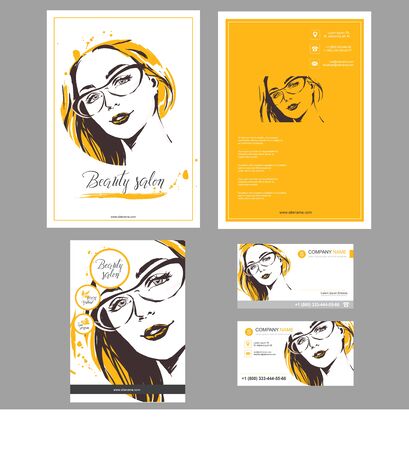 Big set of hand drawn templates for card, flyer, poster, brochure and leaflet design. Fashion illustration with woman fits for fashion shop, optics, spa salon, hairdresser salon Vector graphic. Yellow orange colorのイラスト素材