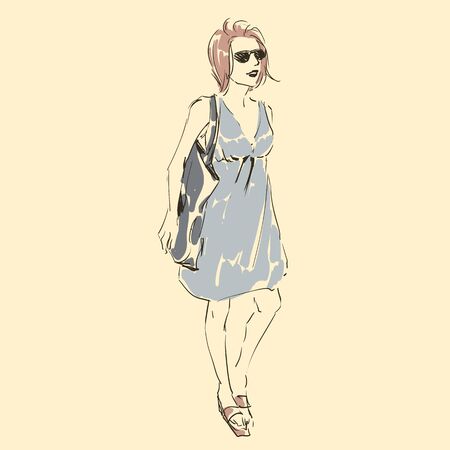 Sketch of beautiful slim elegant woman in fashion summer clothes in glasses with bag. Vector illustration. Scribble hand drawing by black lines, freehand.のイラスト素材
