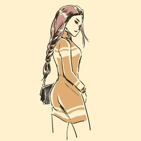 Sketch of beautiful slim elegant woman in fashion summer clothes  with female  handbag. Contour silhouette. Vector illustration. Scribble hand drawing by black lines, freehand.のイラスト素材