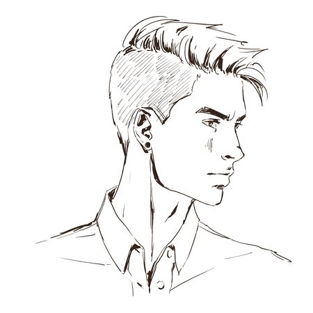 Fashion handsome man, male head, close up portrait. Modern stylish guy in casual clothes, shirt. Vector monochrome hand drawingのイラスト素材