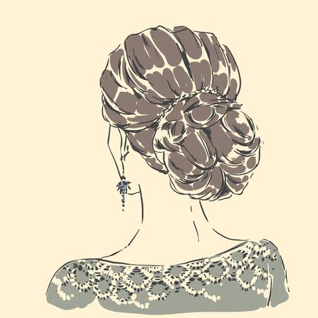 Fashion female portrait with elegant hair cut. Elegant young woman with wedding hair style.  Simple modern style with minimum colors. Black line art. Hand drawn vector illustration, eps10 for haidresser, hair salon, weddingのイラスト素材