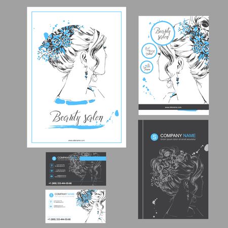 Big set of hand drawn templates for card, flyer, poster, brochure and leaflet design. Fashion illustration with woman fits for fashion shop, magazine, spa salon, hairdresser salon Vector graphic.のイラスト素材