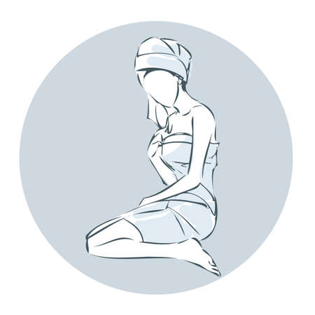 Symbolic logo, silhouette of beautyful young girl. beauty salon sign. Woman relaxes after spa procedure. Vector contour, outline.のイラスト素材