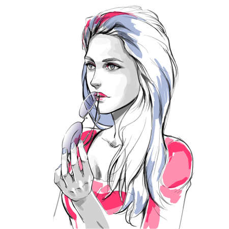 Fashion illustration, head of young stylish woman with sunglasses. Portrait glamor girl. Female beautiful face with glasses. Cosmetics or beauty salon, fashion boutique. hand drawn vector.のイラスト素材