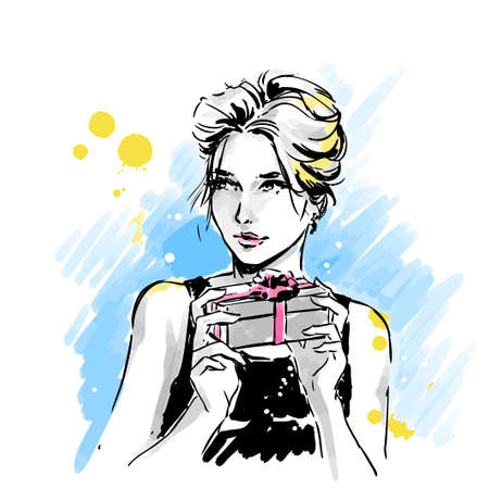 Beautiful girl with present. Fashion illustration with surprised woman holding the gift in her hands. simple modern style. black line art. hand drawn vector illustrationのイラスト素材