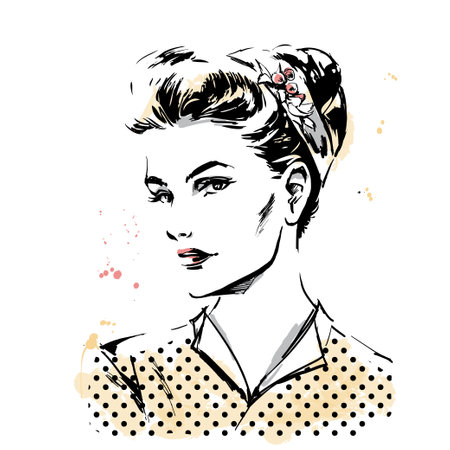 Sketch fashion icon with head of young woman. Depicts a profile of girl with haircut and big lips. Lovely desugn for cosmetic salon logo, beauty shops, spa salon etc. vector illustration.のイラスト素材