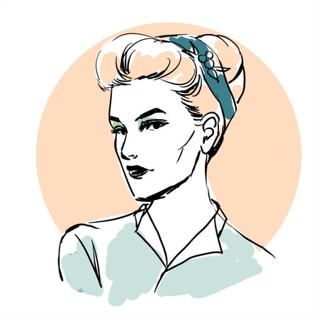 Sketch fashion icon with head of young woman. Depicts a profile of girl with haircut and big lips. Lovely desugn for cosmetic salon logo, beauty shops, spa salon etc. vector illustration.のイラスト素材