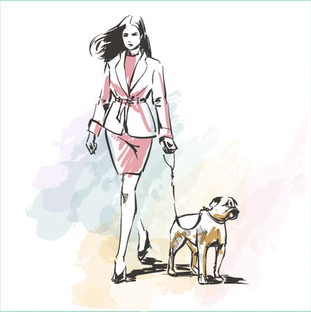 Sketch fashion icon with Walking woman with dog Vector illustration.のイラスト素材