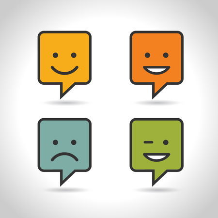 Set Smile Icon. Circle and square buttons. Happy face chat speech bubble symbol. Flat design.のイラスト素材