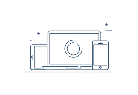 Device Illustration: smart phone, tablet and desktop computer. Vector icons or line draw of responsive web design.のイラスト素材