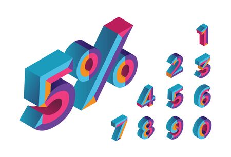 5% sale. 0, 1, 2, 3, 4, 5, 6, 7, 8, 9 isometric 3D numeral alphabet. Percent off, sale background....