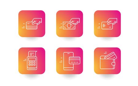 Set of payment options vector elements in flat style. Credit card processing, hand holding debit-credit card, cash, wallet, mobile banking and receipt.のイラスト素材