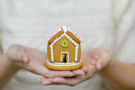 women's hands holding homemade cookies and icing delicious Christmas houseの写真素材