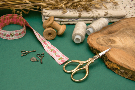 Sewing accessories and fabric for sewing and fashionの写真素材