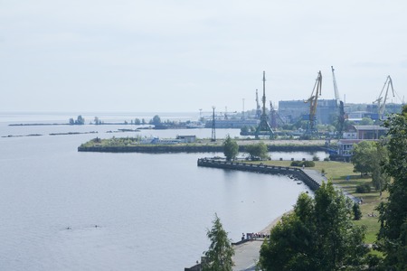Petrozavodsk, Russia - 26 August 2015: Harbor of Petrozavodsk and shipyard, top viewのeditorial素材