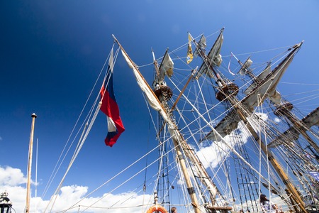 THE TALL SHIPS RACES KOTKA 2017. Kotka, Finland 16.07.2017. Masts of ship Shtandart in the sunlight in the port of Kotka, Finland.のeditorial素材