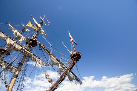 THE TALL SHIPS RACES KOTKA 2017. Kotka, Finland 16.07.2017. Masts of ship Shtandart in the sunlight in the port of Kotka, Finland.のeditorial素材