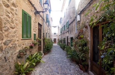 Beautiful street in Valldemossa, famous old mediterranean village of Majorca Spain